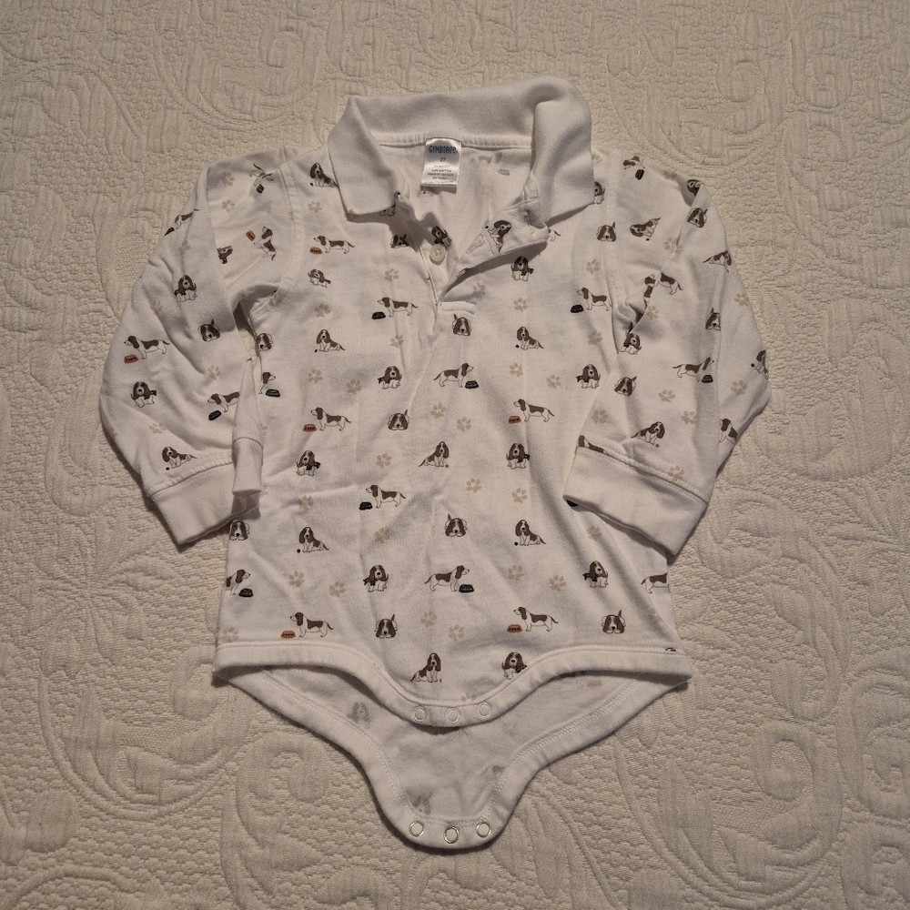 Gymboree boys size 2T white with dog print long sleeve bodysuit VGUC